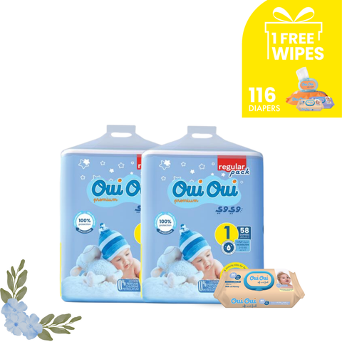 2 Regular Packs -Size 1+ 1 wipes